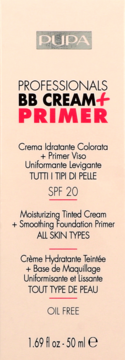 PUPA BB Cream + Primer z SPF 20 w beżowym opakowaniu, przód produktu z opisem po włosku i angielsku.