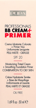 Front view of PUPA BB Cream + Primer SPF 20 for combination/oily skin, light peach box.