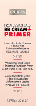 PUPA Professionals BB Cream+ Primer SPF 20 dla cery mieszanej/tłustej. Beztłuszczowy, widok z przodu opakowania.