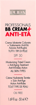 Pupa BB Cream Anti-Età SPF 30, krem nawilżający i przeciwzmarszczkowy w jasnoróżowym pudełku, widok z przodu.