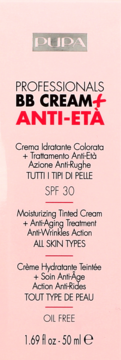 PUPA BB Cream Anti-Età SPF 30, nawilżający krem koloryzujący przeciwzmarszczkowy, na różowym opakowaniu z przodu.