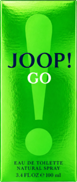 JOOP! GO męska woda toaletowa, front zielonego, metalicznego pudełka z dużym zielonym wykrzyknikiem i napisem.