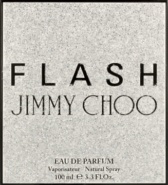 Jasnoszare, teksturowane pudełko perfum Jimmy Choo Flash Eau de Parfum 100 ml z czarnymi napisami.