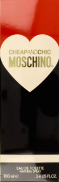 Pudełko Moschino Cheap&Chic Eau de Toilette 100ml, czerwono-czarne, z beżowym sercem i złotymi napisami.