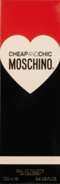 Moschino Cheap&Chic kwiatowa woda toaletowa, pudełko z beżowym sercem na czerwono-czarnym tle, przód.