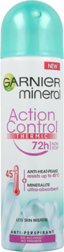 Garnier Mineral Action Control Thermic, biały antyperspirant 72h z turkusową nakrętką, ochrona do 45°C.