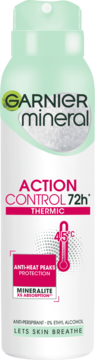 Biały antyperspirant Garnier Mineral Action Control 72h Thermic, z zielonym topem i różowym tekstem, ochrona do 45°C, widok z przodu.