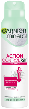 Biały antyperspirant Garnier Mineral Action Control 72h Thermic w sprayu z zieloną nakrętką, widok z przodu.