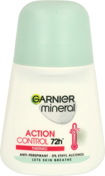 Biały roll-on Garnier Mineral Action Control 72h Thermic, antyperspirant na 45°C, z miętową nakrętką.