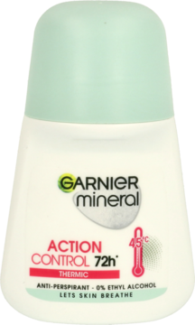 Biały roll-on Garnier Mineral Action Control 72h Thermic, antyperspirant na 45°C, z miętową nakrętką.