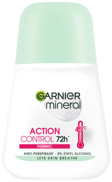 Garnier Mineral Action Control 72h Thermic roll-on, biały z zieloną zakrętką, ochrona do 45°C, widok z przodu.