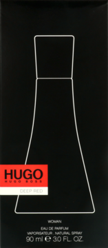 Hugo Boss Deep Red woda perfumowana dla kobiet 90ml, czarne opakowanie z konturem butelki i czerwonym logo.