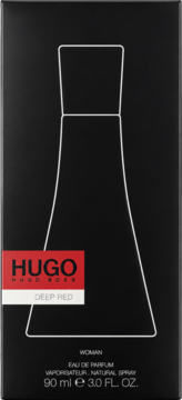 Czarny kartonik Hugo Boss Deep Red Eau de Parfum dla kobiet, z białym konturem flakonu i czerwonym logo HUGO.