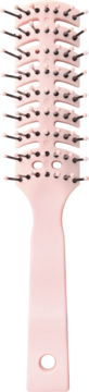 Jasnoróżowa szczotka do suszarki, wentylowana, z czarnymi igłami zakończonymi kuleczkami, widok z przodu. Do delikatnych włosów.