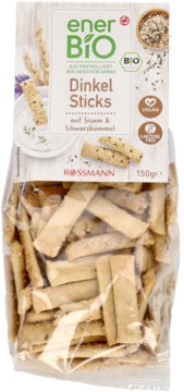 EnerBiO paluszki orkiszowe z sezamem i czarnuszką w przezroczystej torbie 150g, widok z przodu opakowania BIO.