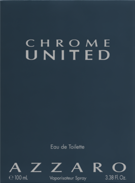 Granatowe opakowanie Azzaro Chrome United, woda toaletowa, z srebrnymi napisami, widok z przodu.
