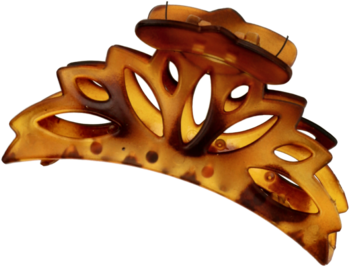 Klamra do włosów typu szczęka, szylkretowa, z ażurowym, rzeźbionym wzorem kwiatowym. Widok z boku.