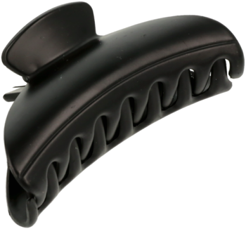 Czarna klamra do włosów o matowym wykończeniu, klasyczny kształt z zakrzywionymi ząbkami, widok z boku.