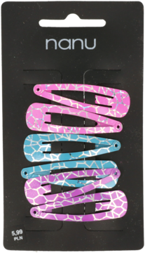 Zestaw 5 zatrzaskowych spinek do włosów w różowych i niebieskich odcieniach z wzorem, na czarnym kartoniku Nanu, widok z przodu.
