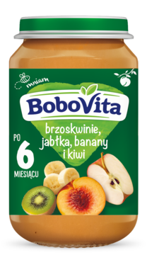 Przecier owocowy BoboVita Brzoskwinie, Jabłka, Banany i Kiwi w szklanym słoiku, zielona etykieta, widok z przodu.