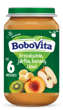Przecier owocowy BoboVita Brzoskwinie, Jabłka, Banany i Kiwi w szklanym słoiku, zielona etykieta, widok z przodu.