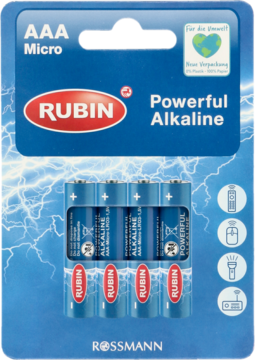 Blister z 4 bateriami alkalicznymi AAA Rubin Powerful Alkaline, niebieskie opakowanie z błyskawicami, widok przodem.
