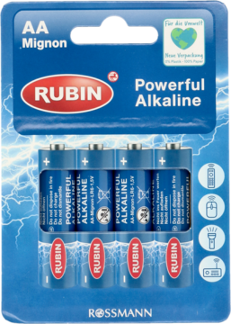 Baterie Rubin Powerful Alkaline AA Mignon, zestaw 4 sztuk w niebieskim blistrze, widok z przodu.