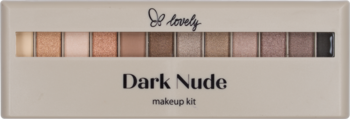 Paletka cieni Lovely Dark Nude makeup kit, 12 beżowo-brązowych cieni z czarnym na końcu, widok z góry.