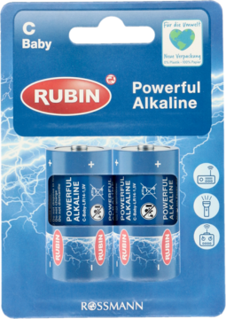 Dwie baterie Rubin Powerful Alkaline C Baby LR14 1.5V w niebieskim blistrze, widok z przodu opakowania.