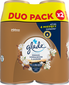 Glade Automatic Spray Duo Pack: Sensual Sandalwood & Jasmine refills. Two brown cans with yellow top, front view.