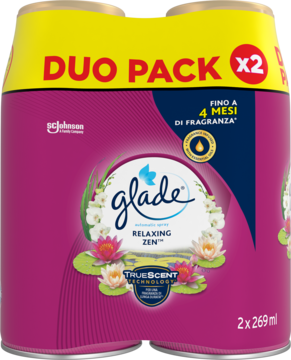 Glade Relaxing Zen Duo Pack, 2 magenta zapasy, etykieta z liliami wodnymi i informacją o 4 miesiącach zapachu.