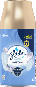 Glade automatic spray Pure Clean Linen refill, jasnoniebieska puszka ze złotym wierzchem, widok z przodu.