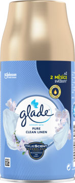 Glade automatic spray Pure Clean Linen refill, jasnoniebieska puszka ze złotym wierzchem, widok z przodu.