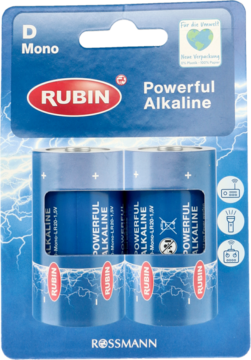 Baterie alkaliczne D Mono Rubin, dwie cylindryczne sztuki w niebieskim blistrze Rossmann, widok z przodu.
