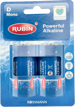 Baterie alkaliczne D Mono Rubin, dwie cylindryczne sztuki w niebieskim blistrze Rossmann, widok z przodu.