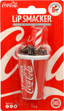 Lip Smacker balsam do ust w kształcie czerwonego kubka Coca-Cola z rurką, w opakowaniu na blisterze.