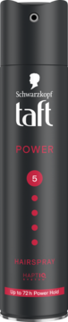Czarna butelka lakieru Schwarzkopf Taft Power Hairspray, z napisem Up to 72h Power Hold i cyfrą 5.