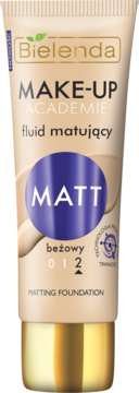 Matujący podkład Bielenda Make-Up Academie w beżowej tubce, odcień 012, ze złotą zakrętką, widok z przodu.