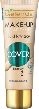 Bielenda MAKE-UP ACADEMIE fluid kryjący COVER 012 beżowy. Beżowa tubka ze złotą nakrętką, widok z przodu.