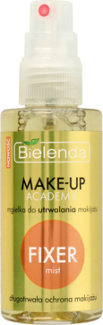 Bielenda MAKE-UP ACADEMIE Fixer Mist w złotej butelce z przezroczystym rozpylaczem, widok z przodu.
