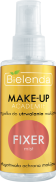 Bielenda Make-up Academie Fixer Mist, mgiełka utrwalająca makijaż, złota butelka, widok z przodu.