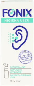 Biało-turkusowe opakowanie sprayu Fonix Higiena Uszu, z ilustracją ucha i napisem na przodzie.