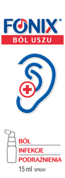 Fonix BÓL USZU spray, białe opakowanie z niebieskim logo, czerwoną etykietą i ikoną ucha, 15 ml.