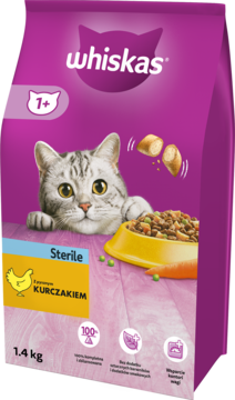 Fioletowa torba Whiskas Sterile 1.4 kg z kotem patrzącym na miskę karmy, widok z przodu. Sucha karma z kurczakiem.