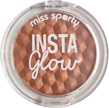 Miss Sporty Insta Glow Bronzer 001 Sunkissed blonde, okrągłe opakowanie z geometrycznym wzorem, świetliste wykończenie.