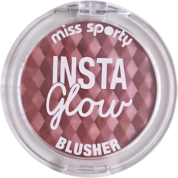 Róż Miss Sporty Insta Glow Radiant Mocha, brązowo-różowy z rombowym wzorem, w okrągłym, przezroczystym kompakcie.
