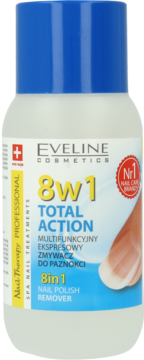 Profesjonalny zmywacz Eveline 8w1 Total Action, przezroczysta butelka z niebieską zakrętką, widok z przodu.