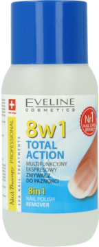 Profesjonalny zmywacz Eveline 8w1 Total Action, przezroczysta butelka z niebieską zakrętką, widok z przodu.