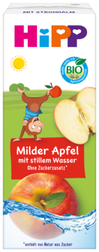 HIPP BIO Sok Jabłkowy z wodą, przód. Zielone tło, małpka, jabłka w wodzie, napis "Milder Apfel bez dodatku cukru".