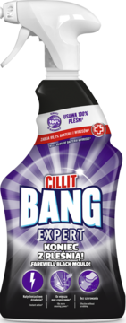 Cillit Bang Koniec z Pleśnią, fioletowy spray do usuwania pleśni i bakterii 99.9%, widok z przodu.